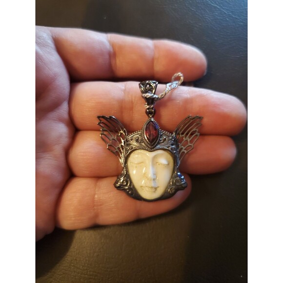 Starborn Creations Jewelry - Starborn Creations Sterling 925 Silver Hand Carved Bne & Garnet Freya Pendant